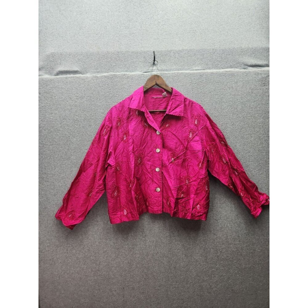Chicos Fuchsia Silk Embroidered Button-Up Jacket Size L